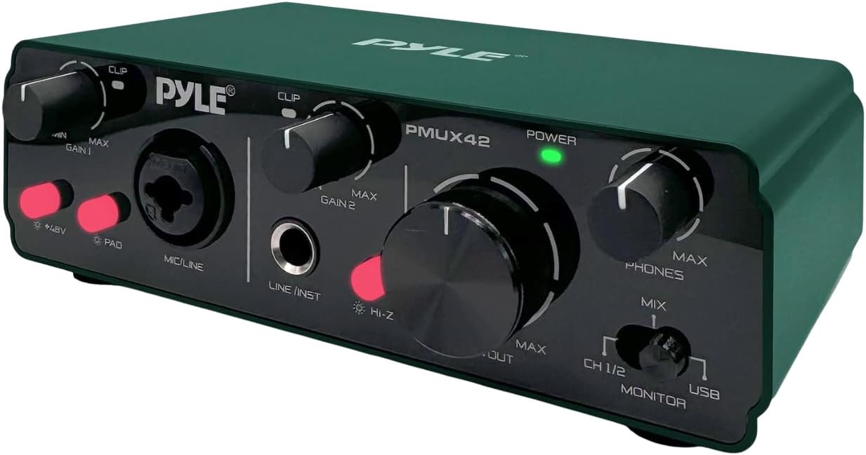 Pyle USB Audio Interface for Recording Music, Podcasting, and Streaming – 2-IN/2-OUT, 24bit/192kHz, Low-Noise, High-Fidelity Studio Quality, USB Powered, Rugged Metal Chassis, 5.9' x 4' x 1.8'