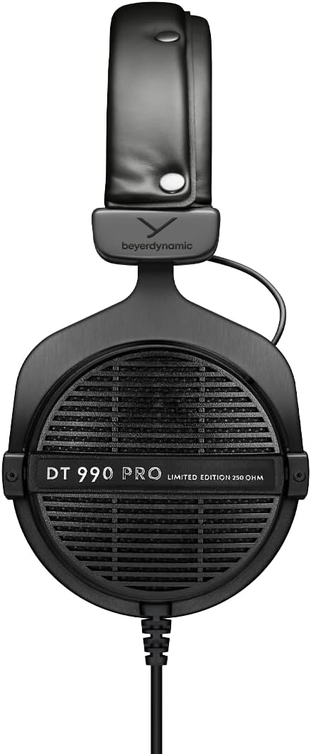 beyerdynamic DT 990 PRO, 250 Ohm, Open Back, Over Ear, Wired Headphones, 3m Coiled Cable, Black with Grey Velour Ear Pads