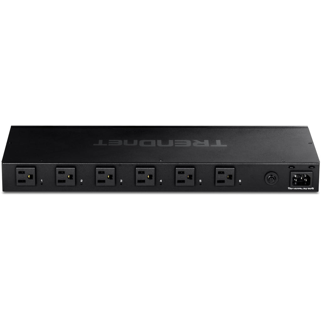TRENDnet 6-Outlet Managed PDU, TPI-06, Rackmount Power Distribution Unit, UL Certified, 1 x NEMA 5-15R Bypass Power Outlet, 1 x Gigabit RJ-45 Port, Overload Protection, Surge Protection 2160J, Black
