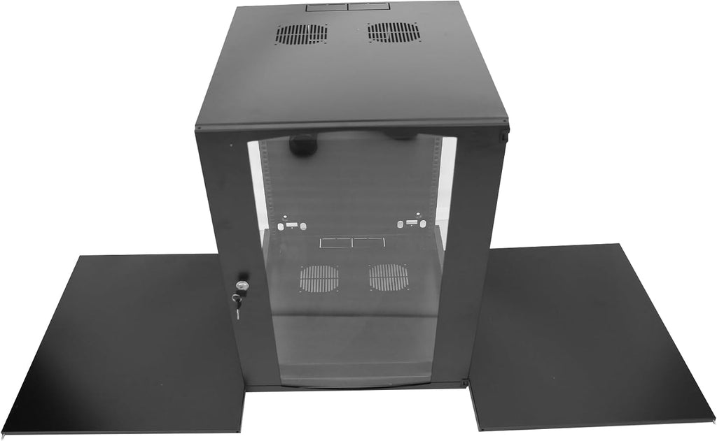 9U Server Cabinet Wall Mount Rack Enclosure with Caster Wheels 2 Server Fans Locking Glass Door Removable Side Panels 19' Network Cabinet 15-18.5' Installation Depth Heavy-Duty Frame(23INCH, 9U)