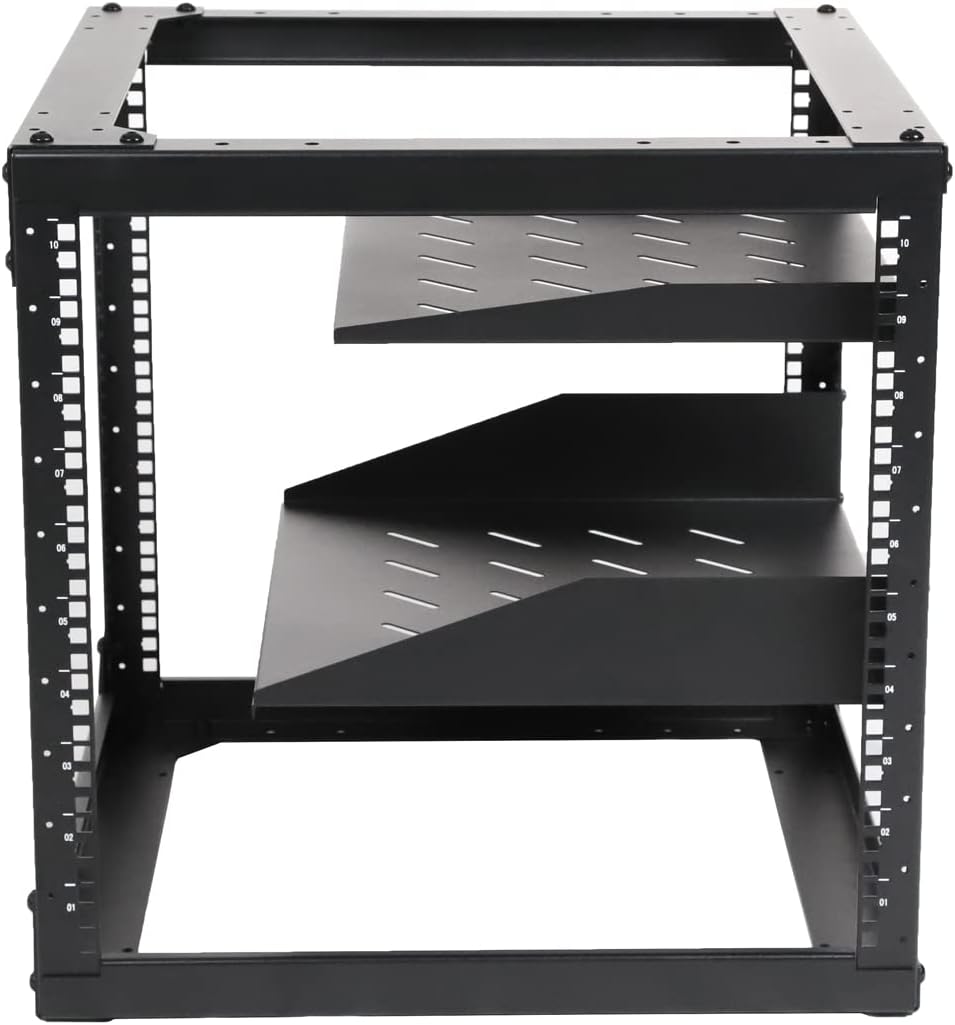 AEONS 10U Open Frame Network Server Rack 19-inch 4 Post AV Rack with Casters for Floor Standing and Wall Mount, Side Load for Extra Depth– Complete Kit with 1U and 2U Vented Shelves, Black