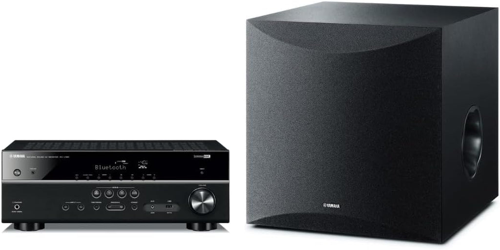 YAMAHA RX-V385 5.1-Channel 4K Ultra HD AV Receiver with NS-SW100BL 10' 100W Powered Subwoofer, Black