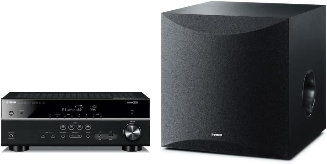 YAMAHA RX-V385 5.1-Channel 4K Ultra HD AV Receiver with NS-SW100BL 10' 100W Powered Subwoofer, Black