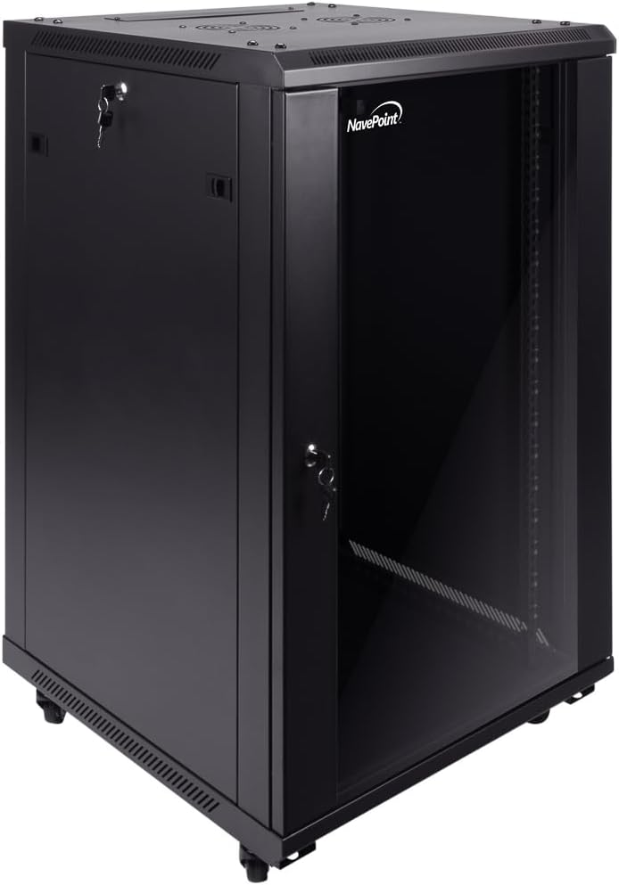 NavePoint 18U Server Cabinet Wall Mount Rack Enclosure with Caster Wheels, 2 Fans, Locking Glass Door, Removable Side Panels – 18U Network Cabinet 23.6' Deep, 19' Server Rack for IT Equipment