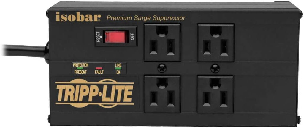 Tripp Lite Isobar 4 Outlet Surge Protector Power Strip with 2 USB Charging Ports, 8ft Long Cord, Right-Angle Plug, Metal, 3330 Joules, Lifetime Limited Warranty & $50K Insurance (IBAR4ULTRAUSBB)
