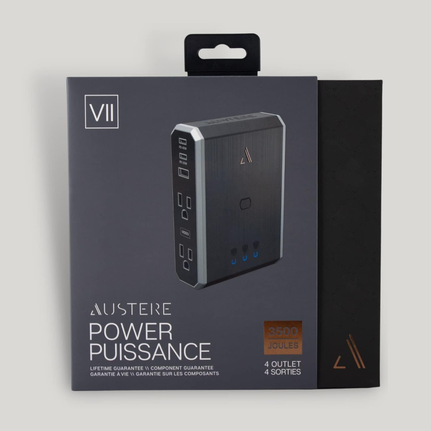 Austere VII Series, Wall Power 4 Outlet Surge Protector, 3500 Joules, Isolated EMI/RFI Filtering, 2 USB-C 45W & 20W Fast Chargers, 1 USB-A 2.4 amps, Overcurrent Protection, 6 Year Component Guarantee