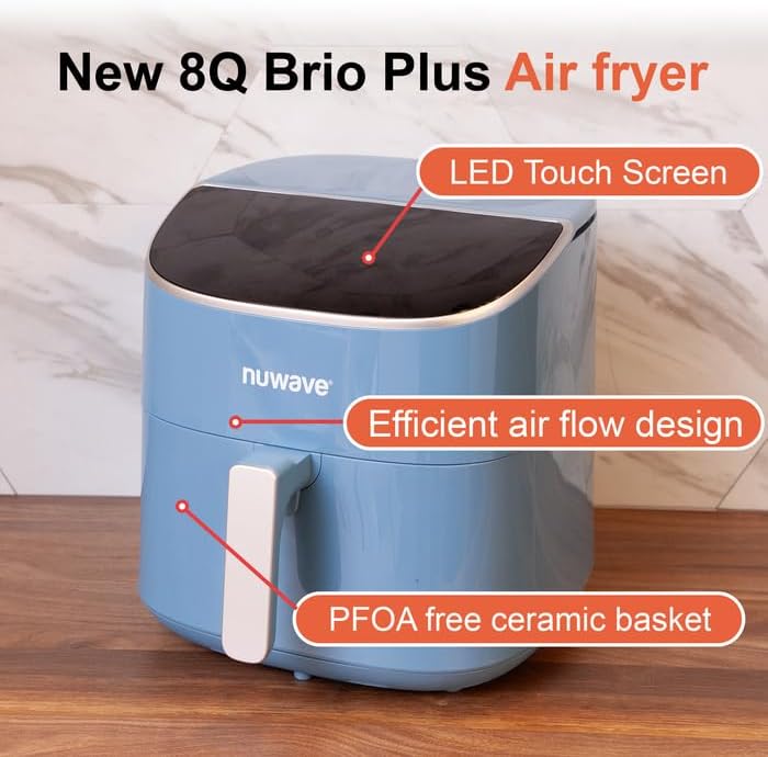 Nuwave 8QT Brio Air Fryer Plus Cozy Blue, Digital LED Touch Screen with Cool White Display, 50°F~400°F in Precise 5°, 3 Wattage Alternatives, 5 Cook Functions, 50 Memory, PFAS Free, New & Improved