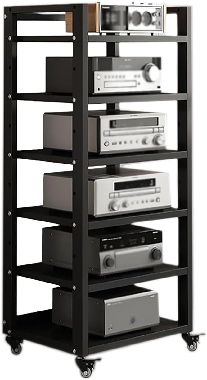 6 Tier Audio Rack Tower, CD Record Player Stereo Receiver AV Equipment Cabinet Display Rack, Weight Capacity 661 lbs, with Adjustable Wooden Shelves for Home (6 Tier Black)