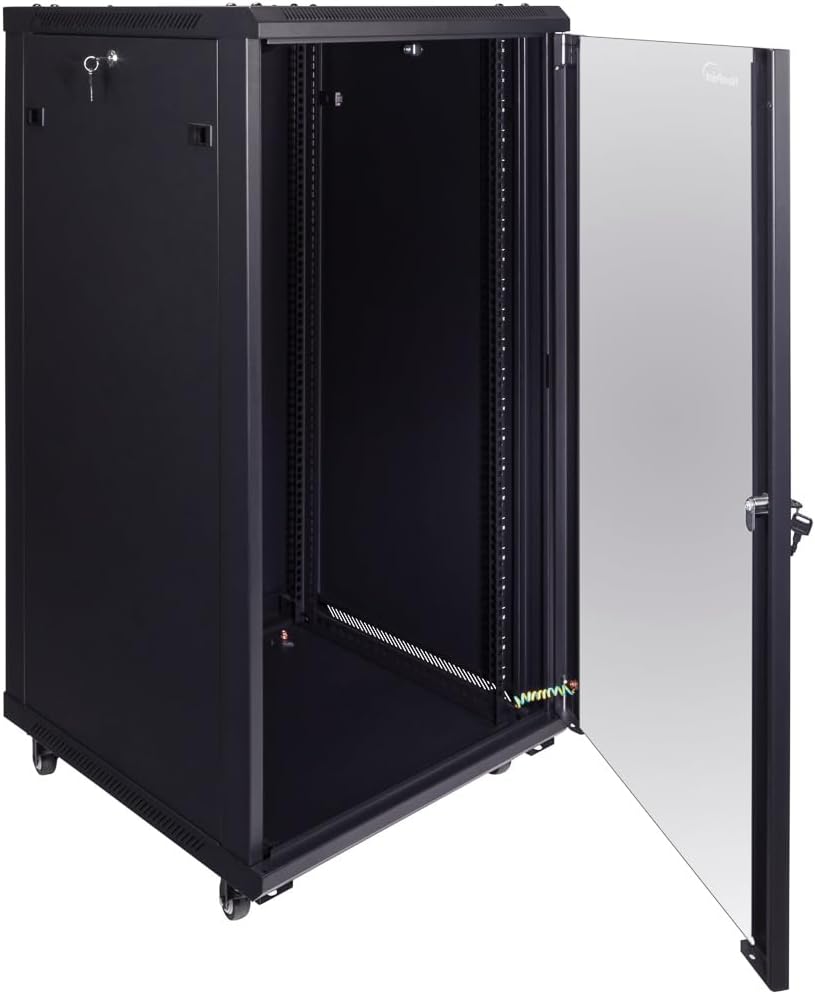 NavePoint 22U Server Cabinet Wall Mount Rack Enclosure with Caster Wheels, 2 Fans, Locking Glass Door, Removable Side Panels – 22U Network Cabinet 23.6' Deep, 19' Server Rack for A/V Equipment