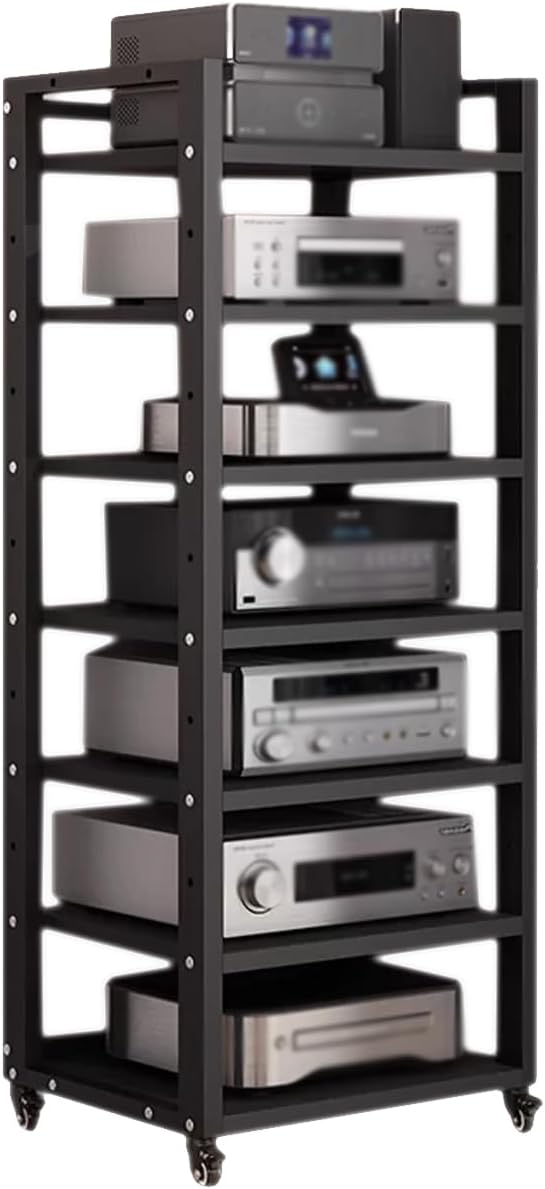 7 Tier Audio Rack Tower, CD Record Player Stereo Receiver AV Equipment Cabinet Display Rack, Weight Capacity 661 lbs, with Adjustable Wooden Shelves for Home (7 Tier Black)