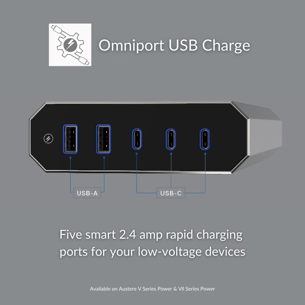 Austere V Series, 8 Outlet Surge Protector Power Strip, 3000 Joules, EMI/RFI Filtering, 3 USB-C and 2 USB-A 2.4 amp Ports, LED Indicators, Overcurrent Protection, 5 Year Component Guarantee