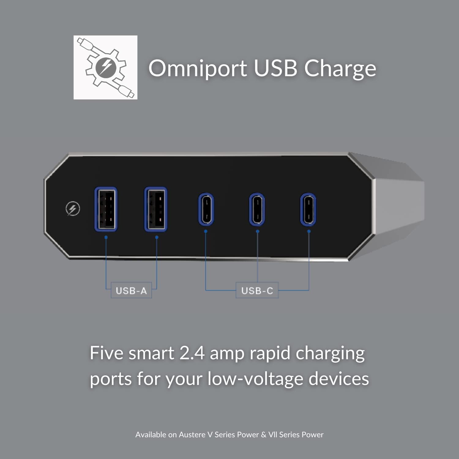 Austere V Series, 8 Outlet Surge Protector Power Strip, 3000 Joules, EMI/RFI Filtering, 3 USB-C and 2 USB-A 2.4 amp Ports, LED Indicators, Overcurrent Protection, 5 Year Component Guarantee