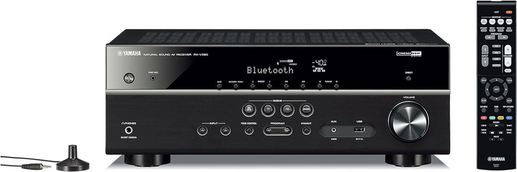 YAMAHA RX-V385 5.1-Channel 4K Ultra HD AV Receiver with NS-SW050BL 8' 100W Powered Subwoofer, Black and NS-C210BL Center Channel Speaker, Black