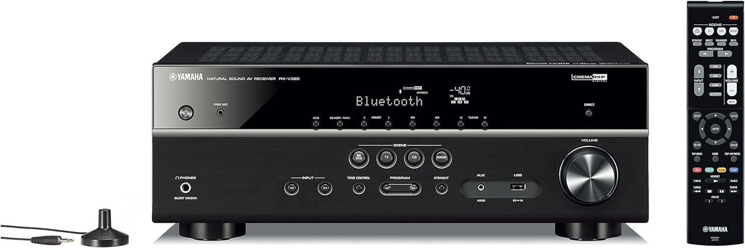 YAMAHA RX-V385 5.1-Channel 4K Ultra HD AV Receiver with NS-SW100BL 10' 100W Powered Subwoofer, Black