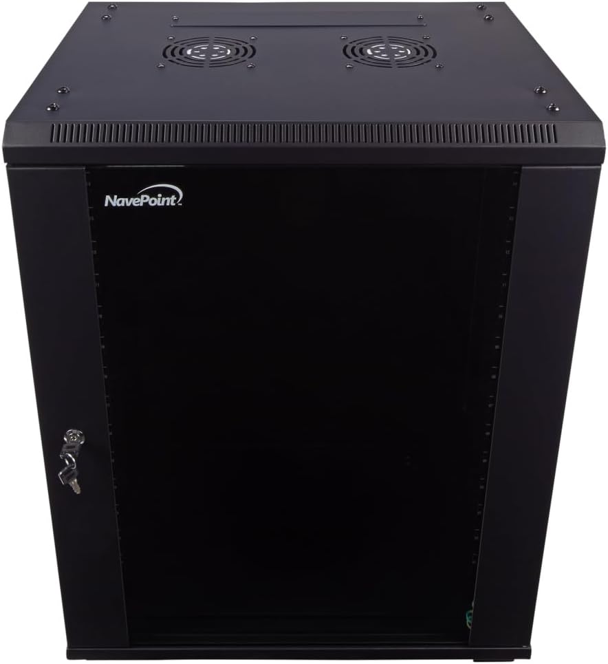 NavePoint 15U Server Cabinet Wall Mount Rack Enclosure with Caster Wheels, Includes 2 Fans, Locking Glass Door, Removable Side Panels – 15U Network Cabinet 17.7' Deep, 19'Server Rack for IT Equipment