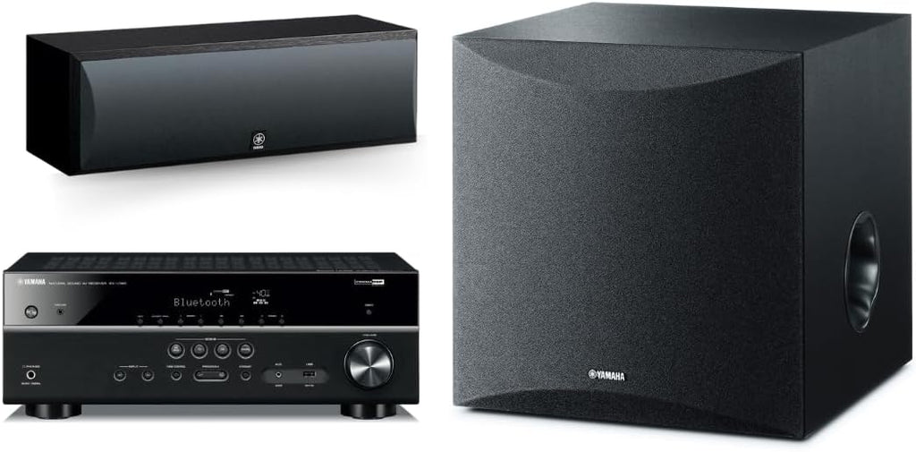YAMAHA RX-V385 5.1-Channel 4K Ultra HD AV Receiver with NS-SW050BL 8' 100W Powered Subwoofer, Black and NS-C210BL Center Channel Speaker, Black