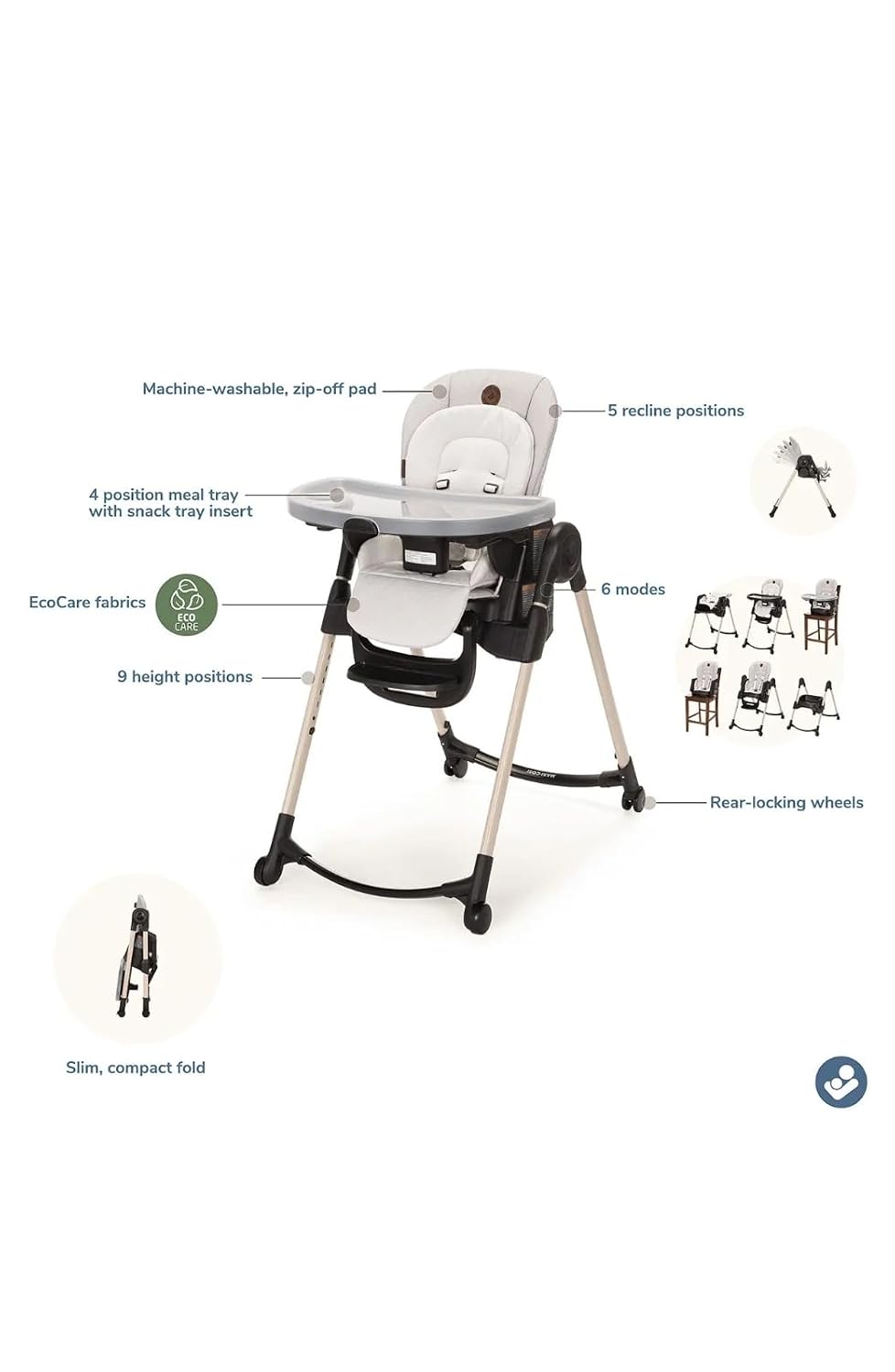 Maxi-Cosi Minla 6-in-1 High Chair for Babies & Toddlers, Portable Foldable Highchair, EcoCare Fabric, 9 Heights, 5 Reclines, 4 Tray Positions, Onyx Sand