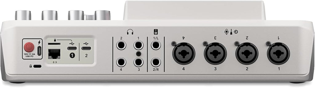 Rode RODECaster Pro II (White) Audio Production Console with 4x PodMic Microphones, PSA1+ Professional Boom Arms, Over-Ear Headphones, 32GB microSD Card & XLR Cables