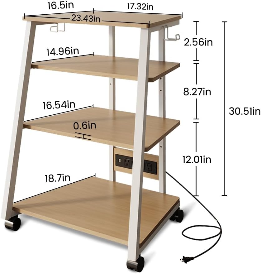 4-Tier Stereo Stand, AV Media Stand Cabinet Console Shelf with Power Strips and 2 Hooks, Audio-Video Rack Game Console Stand Media Organizer (Maple)