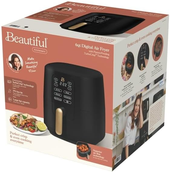 6 Qt Air Fryer With Turbocrisp Technology And Touch-Activated Display, Black By Drew Barrymore, Adjustable Temperature Ranges