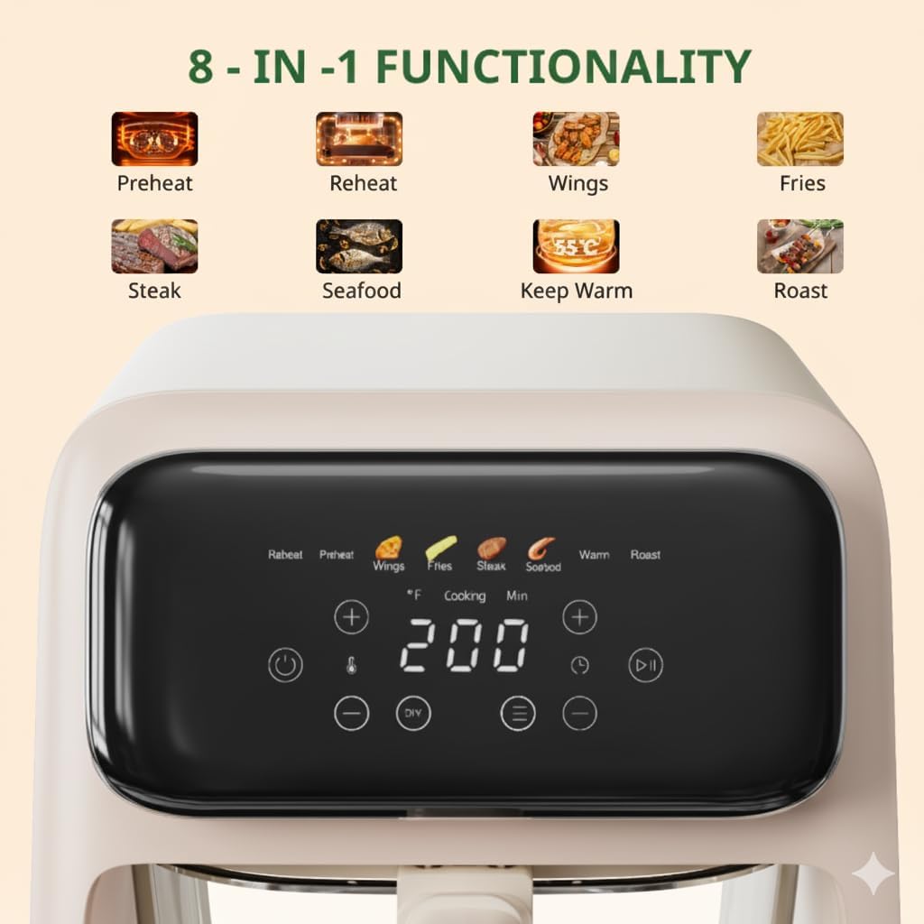 8-1 Glass Air Fryer | Non-Toxic | 400°F | 4QT TempWare Glass Bowl | Freezer & Dishwasher Safe | Wings，Steak，Fries & More | Air Fry Bake Roast Recrisp | Light Pinkish Beige