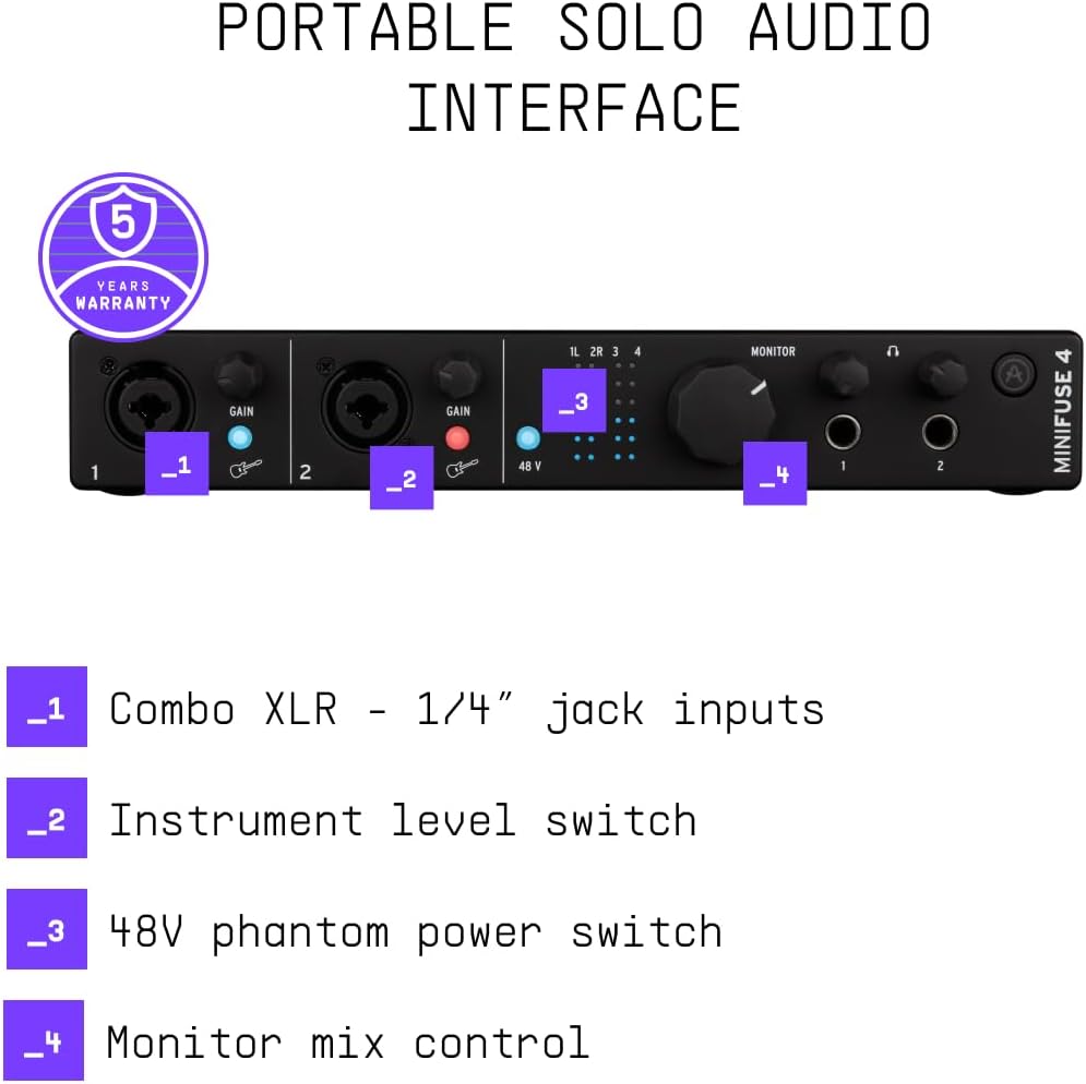 Arturia - MiniFuse 4 - Compact USB Audio & MIDI Interface with Creative Software for Recording, Production, Podcasting, Guitar - Black