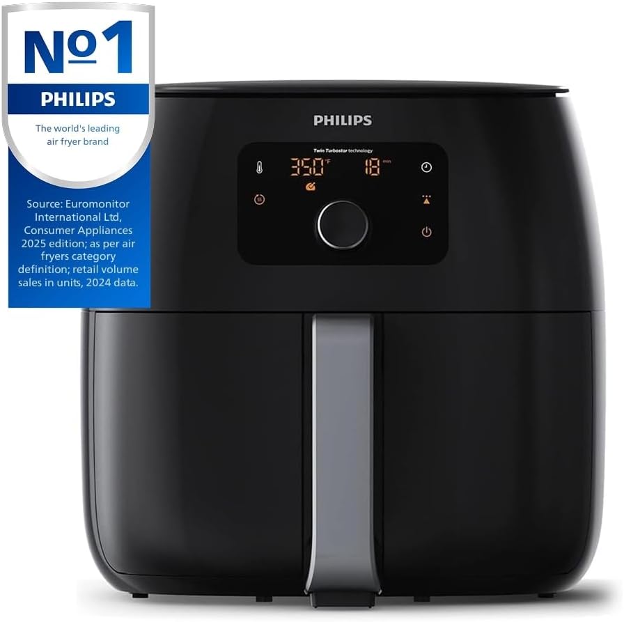 Philips Premium Airfryer XXL, Fat Removal Technology, 3lb/7qt, Rapid Air Technology, Digital Display, Keep Warm Mode, 5 Cooking Presets, HomeID App, Family Sized, Black (HD9650/96)