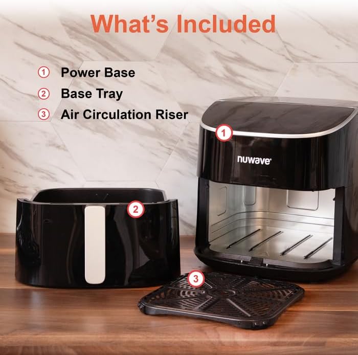 Nuwave 8QT Brio Air Fryer Plus Black, Digital LED Touch Screen with Cool White Display, 50°F~400°F in Precise 5°, 3 Wattage Alternatives, 5 Cook Functions, 50 Memory, PFAS Free, New & Improved
