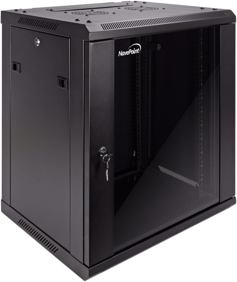 NavePoint 12U Server Cabinet Wall Mount Rack Enclosure Includes 2 Fans, Locking Glass Door, Removable Side Panels – 12U Network Cabinet 17.7' Deep, 19 Inch Server Rack for IT and A/V Equipment