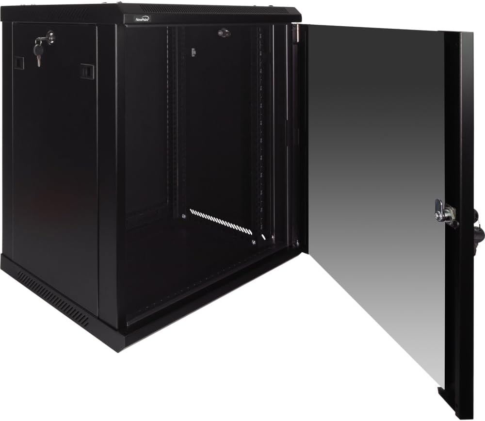 NavePoint 12U Wall Mount Network Cabinet for 19' IT Equipment, A/V, Tempered Glass Door, Locks, 2 Fans, 450mm Depth, Max Weight 132 lbs
