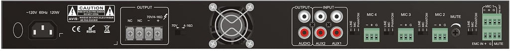 Class D Amplifier Mixer, 6 Input, 120W, 8 Ohm and 70V