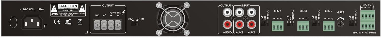 Class D Amplifier Mixer, 6 Input, 120W, 8 Ohm and 70V