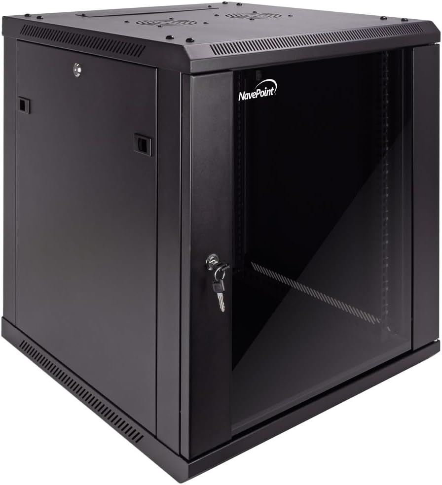 NavePoint 12U Server Cabinet Wall Mount Rack Enclosure Includes 2 Fans, Locking Glass Door, Removable Side Panels – 12U Network Cabinet 23.6' Deep, 19 Inch Server Rack for IT and A/V Equipment