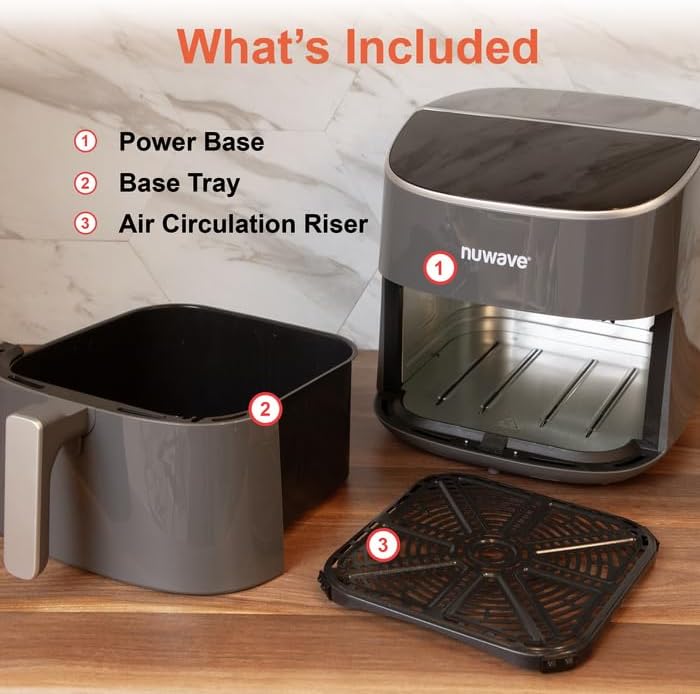 Nuwave 8QT Brio Air Fryer Plus Cool Gray, Digital LED Touch Screen with Cool White Display, 50°F~400°F in Precise 5°, 3 Wattage Alternatives, 5 Cook Functions, 50 Memory, PFAS Free, New & Improved