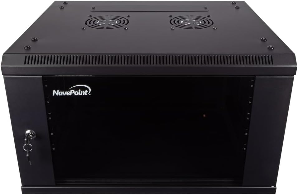 NavePoint 6U Server Cabinet Wall Mount Rack Enclosure Includes 2 Fans, Locking Glass Door, Removable Side Panels – 6U Network Cabinet 17.7' Deep, 19 Inch Server Rack for IT and A/V Equipment