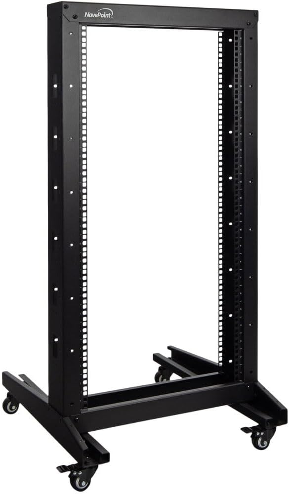 NavePoint 22U 2 Post Open Frame Server Rack with Casters for 19 Inch Equipment, Networking, and IT Devices, 2-Post Rack 330lbs Weight Capacity, Black