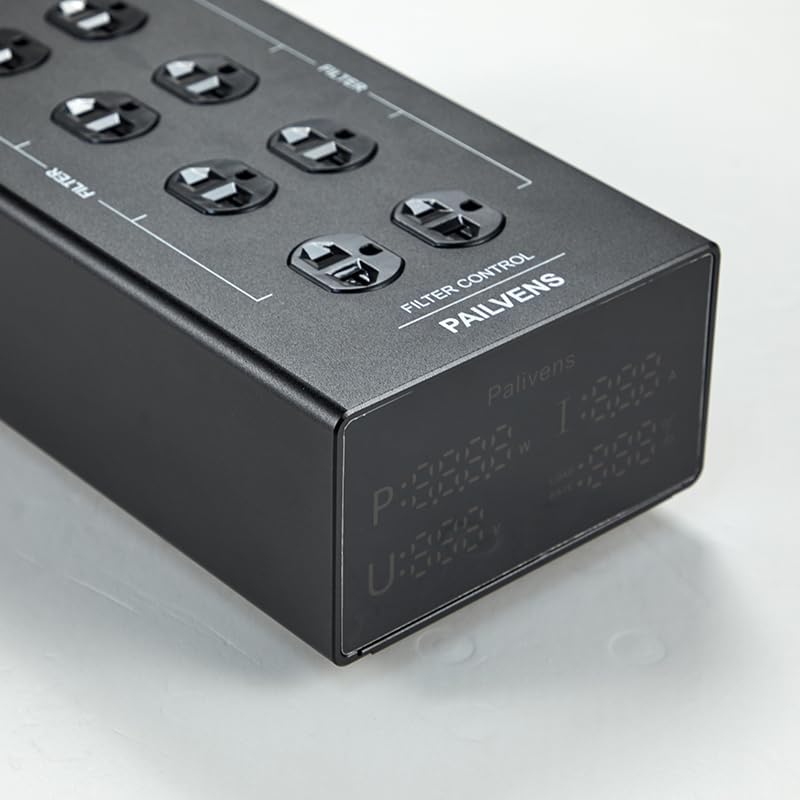 Black 8-Way AC Power Filter with LED Display, Line Conditioner, Noise Filtering, Overvoltage Protection, Suitable for HiFi, TV, Piano