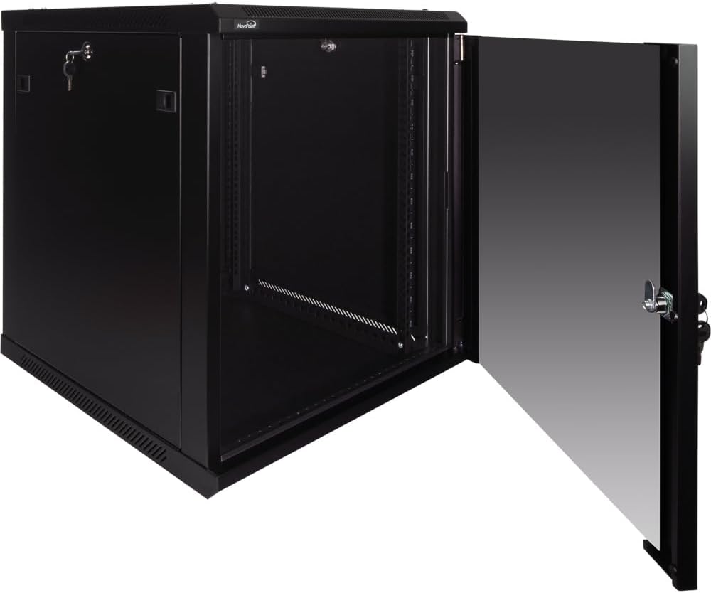 NavePoint 12U Server Rack Enclosure - 23.6' Deep, 12U Wall Mount Network Cabinet with Locking Glass Door for 19' IT Equipment, 12U Network Rack with 2 Fans, Removable Side Panels, Black