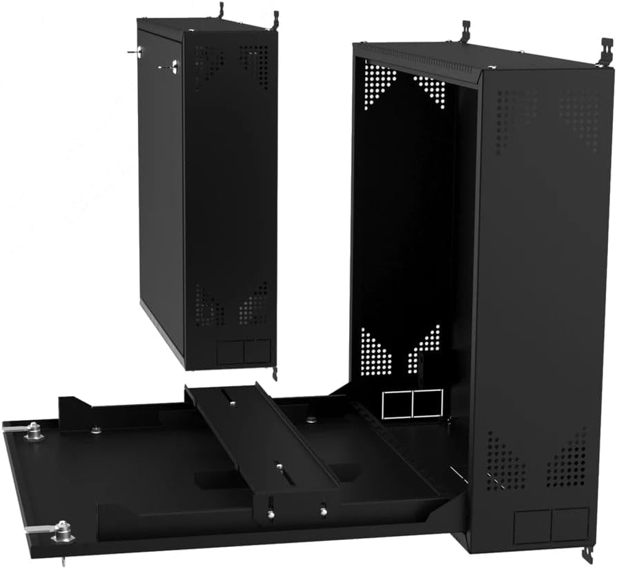 Wall-Mount DVR/NVR Security Enclosure, Lockable Steel Cabinet with 1U Adjustable Rail, Ventilated, 22″ W × 21.2″ H × 5.9″ D, Black (RAL 9005) – STURDX
