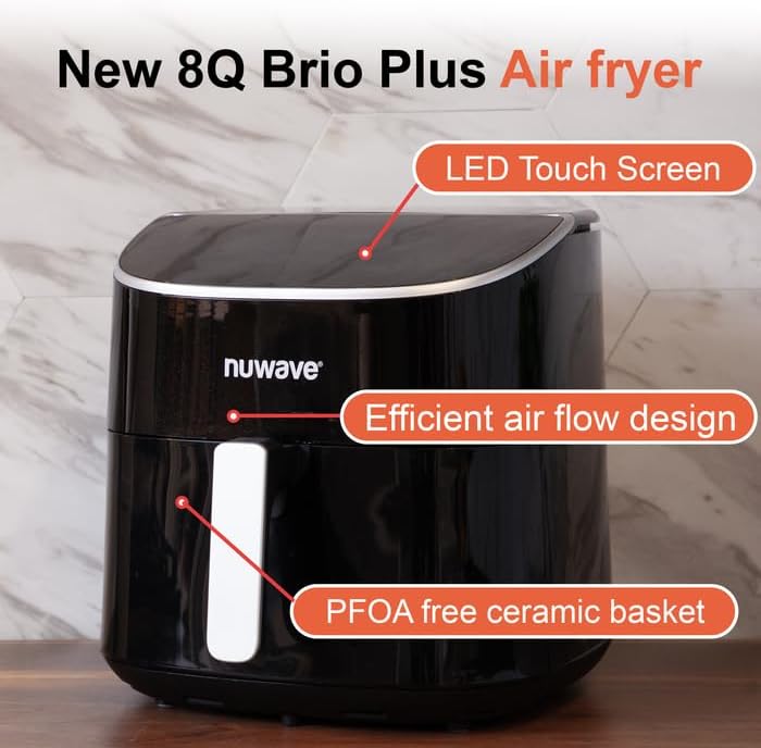 Nuwave 8QT Brio Air Fryer Plus Black, Digital LED Touch Screen with Cool White Display, 50°F~400°F in Precise 5°, 3 Wattage Alternatives, 5 Cook Functions, 50 Memory, PFAS Free, New & Improved