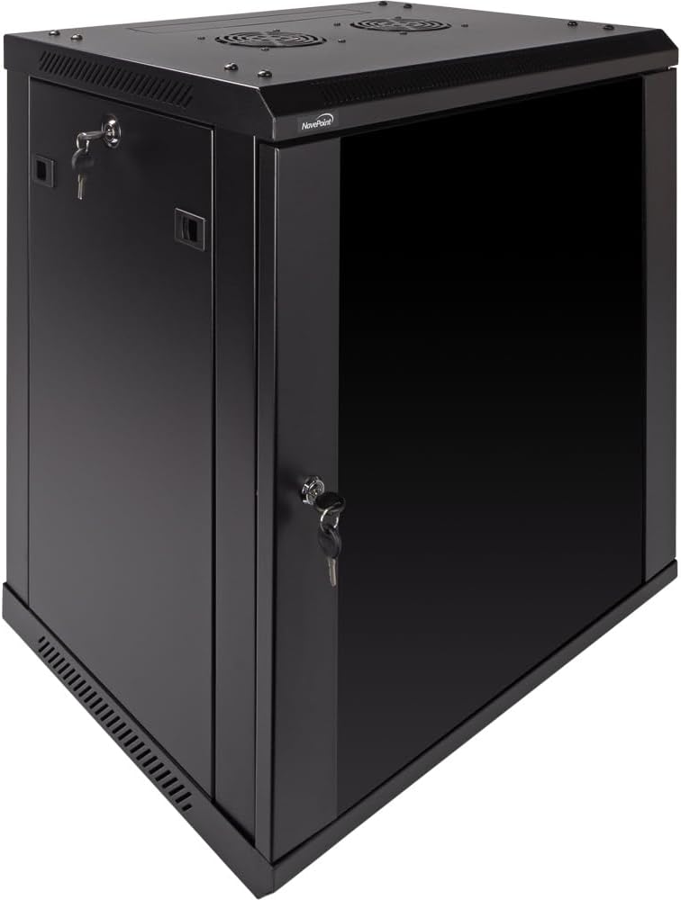 NavePoint 12U Wall Mount Network Cabinet for 19' IT Equipment, A/V, Tempered Glass Door, Locks, 2 Fans, 450mm Depth, Max Weight 132 lbs
