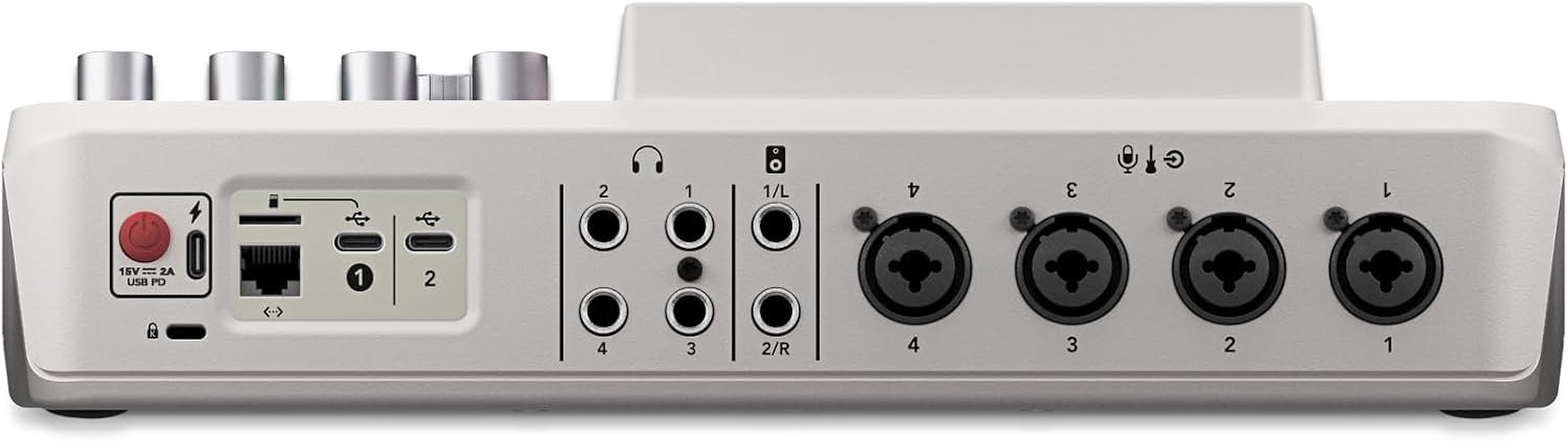 Rode RODECaster Pro 2 (White) Production Console with 4 PodMic Podcasting Microphones, PSA1+ Professional Boom Arms, Over-Ear Headphones, 32GB microSD Card, XLR Cables and StreamEye Cloth