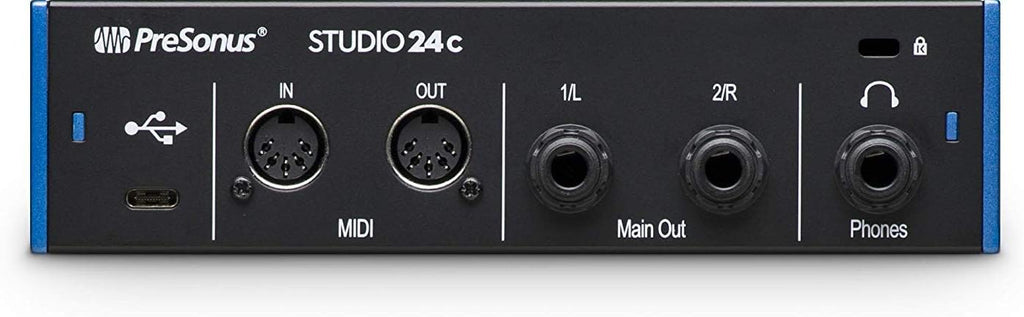 PreSonus Studio 24c 2×2 USB-C Audio/MIDI Interface + Studio One Artist DAW + Cardioid Condenser Microphone Kit with XLR Cable Shockmount Pop Filter Mic Stand and Headphones Bundle