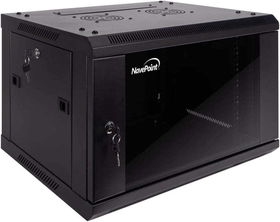 NavePoint 6U Server Cabinet Wall Mount Rack Enclosure Includes 2 Fans, Locking Glass Door, Removable Side Panels – 6U Network Cabinet 17.7' Deep, 19 Inch Server Rack for IT and A/V Equipment