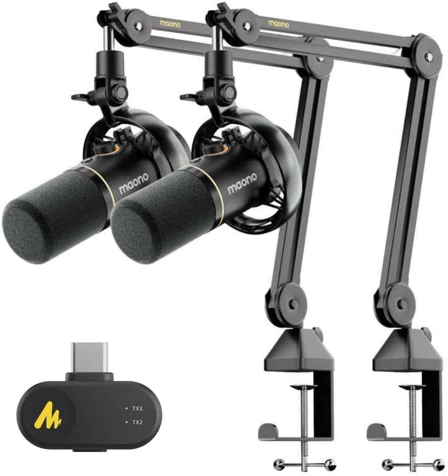 MAONO PD200W Hybrid Wireless Podcast Equipment Bundle for 2, Dynamic XLR USB Microphone Kit with 2 Boom Arm, Software, Noise Cancellation, for Co-hosted Podcast, Vocal Recording, Content Creation