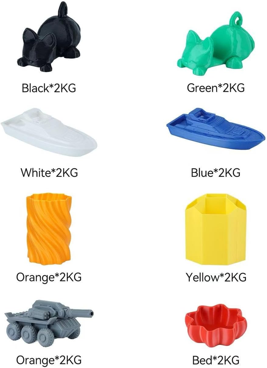 PLA 3D Printer Filament 1.75mm, 16KG Bulk Bundle (2KG Each of 8 Colors: Black, White, Gray, Orange, Red, Yellow, Blue, Green), +/- 0.02mm Accuracy, Tangle-Free, Wide FDM Compatibility