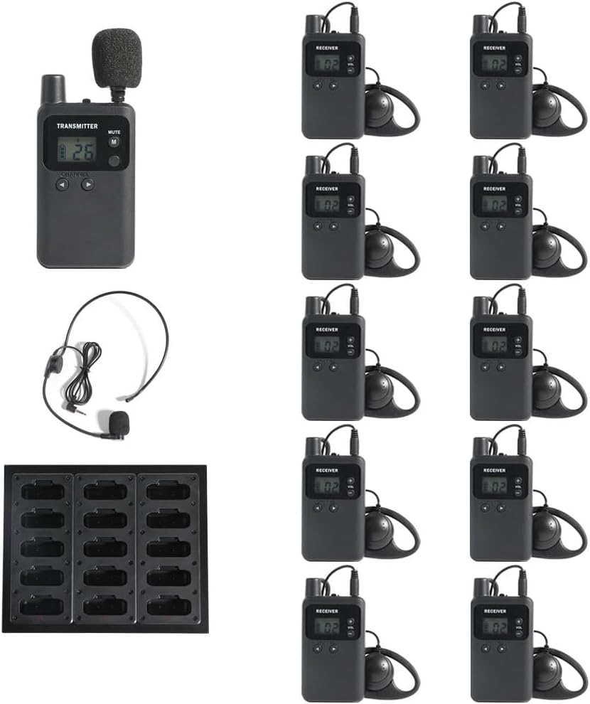 AGJ Wireless Tour Guide System, Tour Guide Microphone, Tour Guide Headsets 1 Transmitter 10 Receivers 1 Charger Court Church Translation Assisted Listening System for Factory School