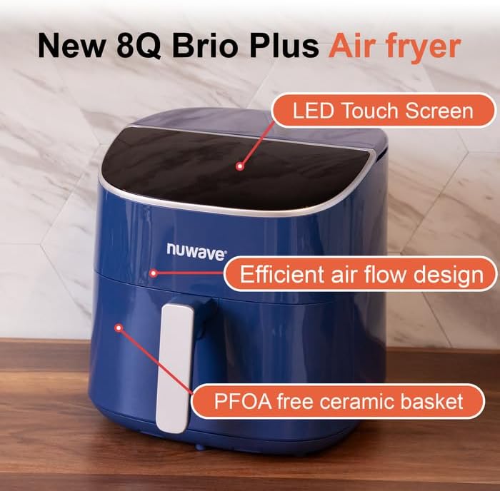 Nuwave 8QT Brio Air Fryer Plus Deep Blue, Digital LED Touch Screen with Cool White Display, 50°F~400°F in Precise 5°, 3 Wattage Alternatives, 5 Cook Functions, 50 Memory, PFAS Free, New & Improved