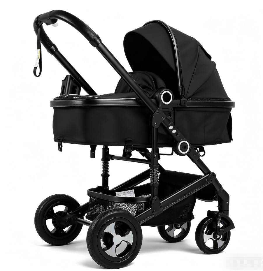 2 in 1 Baby Stroller, Convertible Pushchair Stroller w/Reversible Seat, Foldable Newborn Pram Carriage, Adjustable Canopy, Storage Basket, Diaper Bag & Cup Holder, 0-36 Months (All Black)
