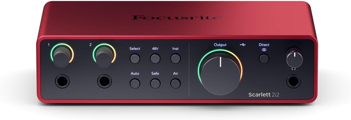 Focusrite Scarlett 2i2 4th Gen USB-C Recording Bundle with Mackie CR4-X 4' Studio Monitors, Condenser Microphone, Boom Stand, Studio Headphones, XLR Cables & Music Production Software